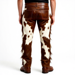 Fashion Circle Industry <b>Men's</b> Brown Cow Hair on <b>Leather</b> Winter Casual Windproof Patchwork Zipper Fly <b>Trousers</b> - Product Image 2