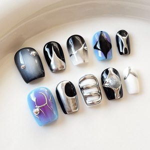 <span class=keywords><strong>Uñas</strong></span> Postizas <span class=keywords><strong>Cortas</strong></span> Cuadradas con Diseño de Tiburón Azul y Lágrimas, Estilo Dulce y Picante, con Pegamento, Novedad al por Mayor - Product Image 5