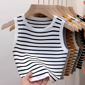 Gilet Estivo da Donna con Scollo a O <span class=keywords><strong>Senza</strong></span> Maniche a Righe, Gilet in Maglia Slim Monocolore Casual Quotidiano da Donna Versatile - Product Image 5