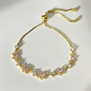 Dainty Adjustable Heart Pink Cubic Zirconia Butterfly <b>Bracelet</b> 18K Gold Plated Pull Chain Daily Wear Jewelry Bulk - Product Image 3