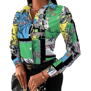 カーディガンシャツブラウストップ長袖幾何プリントシングルブレスト秋カジュアル通気性女性用 - Product Image 1