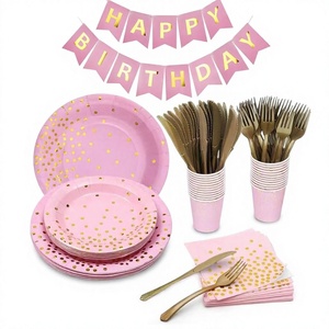 Ensemble de vaisselle jetable rose doré à pois pour fête, assiettes en papier, gobelets, serviettes, couverts pour anniversaire, mariage, événement - Product Image 1