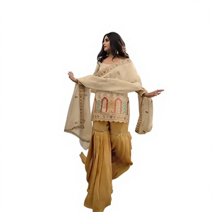 FATEMA FASHION Gharaara de Diseñador Preconfeccionado con Bordado Real Chinon en la Parte Delantera y Trasera, Hermoso Kurti de Boda Indio Pakistaní - Product Image 1