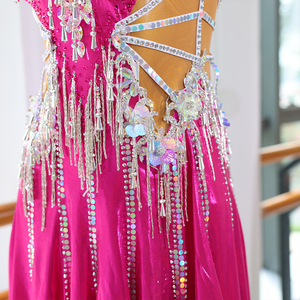 Robe de cocktail latine pour enfants, coupe ajustée élégante, longueur au sol, style A, scène de danse, été, mousseline de soie, ourlet large, strass 3D - Product Image 2