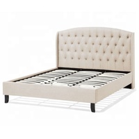 Belle couleur ivoire double reine roi taille boutons tête de lit arrière ailé stable cadre en bois massif faux lit en tissu d'ameublement