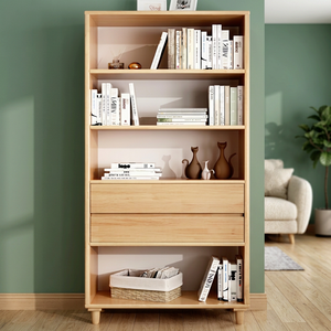 Étagère à livres moderne en bois avec 5 étagères et tiroirs pour le rangement de bureau à domicile, design scandinave, autoportante - Product Image 3