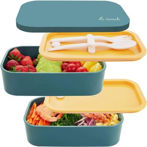 กล่องเบนโตะ 2 ชั้นพร้อมอุปกรณ์ในตัว กล่องอาหารกลางวันแบบกันรั่วสำหรับผู้ใหญ่และเด็ก - Product Image 2