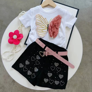 New Style Girls Short <strong>Sleeves</strong> 3D <strong>butterfly</strong> T-shirt <strong>Top</strong> + Sequined Jeans Shorts 2 Pcs Outfit Clothing Set - Product Image 1