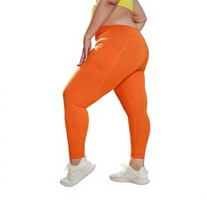 High Waist Orange Ribbed <b>Yoga</b> <b>Leggings</b> Full Length Plus Size Seamless Spandex Nylon Pants - Product Image 3