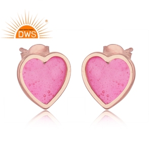 Heart Shape Indian Pink Enamel Stud Earrings Jewelry Wholesale Rose Gold Plated 925 Plain Silver Stud Earrings - Product Image 2