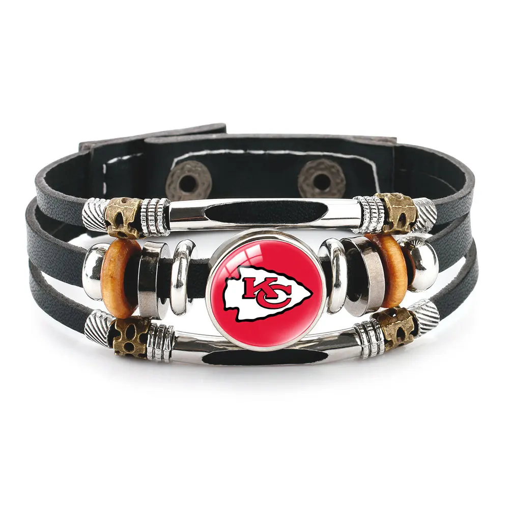 Hot Selling 32 Us Football Teams Logo Bangle Custom Design Time Stone Leather Nfl teams logo Bracelet