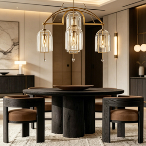Set da Pranzo Personalizzabile Moderno Premium con Tavolo Rotondo e Poltroncine in Legno Massello di Rovere Nero per 4 Persone - Product Image 1
