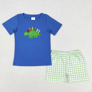Ensemble 2 pièces en coton pour enfants, filles et garçons, t-shirt à manches courtes avec applique dinosaure et short à carreaux, tenue de rentrée scolaire - Product Image 2