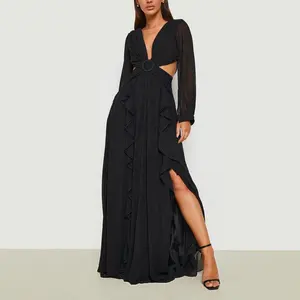 新しい秋のドレスの女性の黒い中空スリットイブニングドレス夜会服の女性のシフォンフリルプランジマキシドレス