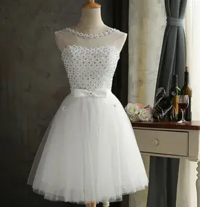 Белое/красное/цвета шампанского короткое Тюлевое платье для подружки невесты с бусинами и цветами Вечерние платья мини