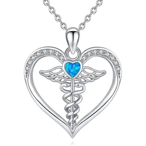 925 Sterling Silver Nursing Doctor Jewelry Opal Heart Angels Wings Necklace