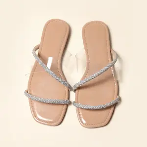 2021 Summer Ladies Square Toe Glatter Luxus stil Flache Damen sandalen Für Damen Hausschuhe Rutschen