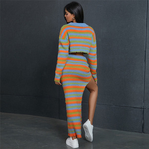 2025 suéter de mujer conjunto de 2 piezas de punto a rayas otoño Casual cremallera Corp Tops + Maxi faldas irregulares ropa de calle trajes a juego - Product Image 2