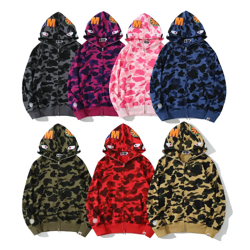 Full Zip Up Bapees Shark Hoodie Camuflaje Algodón Azul claro y Rosa Sudadera Proveedor Hombres Bapees Hoodies