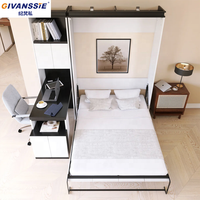 Lit mural vertical moderne et peu encombrant avec bureau intégré et étagère, design modulaire pliable, panneaux en bois de pin et mélamine, facile à assembler