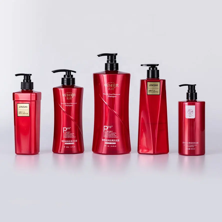 JS custom color 300ml 500ml 1L empty PET red set color shampoo bottle shower gel bottle packaging