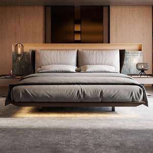<span class=keywords><strong>Lit</strong></span> double flottant <span class=keywords><strong>au</strong></span> design italien moderne et minimaliste, en cuir souple, <span class=keywords><strong>avec</strong></span> cadre en bois, éclairage LED, écologique, durable et confortable pour chambre principale - Product Image 2