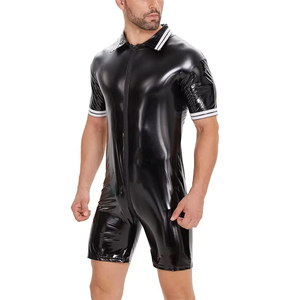 Mono erótico de cuero sintético brillante para hombre, con cremallera en la entrepierna, manga corta, cuello de solapa, ajustado y elástico, ideal para verano. - Product Image 4