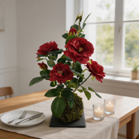 Composition florale artificielle Kokedama de roses rouges réalistes et boules de mousse, 45 cm, pour Halloween, remise de diplôme, mariage, Thanksgiving, intérieur/événements