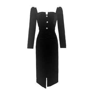 ZY.HT 5560 فستان مخملي عصري جديد ورسمي أسود للنساء لربيع 2024 بفتحة رقبة مربعة وأكمام طويلة وفتحة جانبية