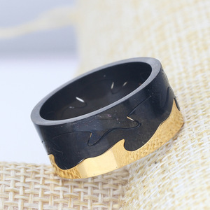Stylish Two-Tone 9mm Stainless Steel <b>Ring</b> Black Gold Silver Wedding Band Geometric Design Fashion Jewelry - Product Image 3