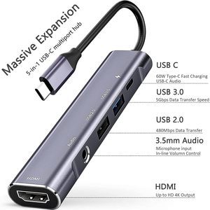 USB-C สำหรับอะแดปเตอร์ฮับเสียง3.5MM 4K สำหรับ3.0 PD 60W สำหรับ S25/S24/S23/S22/Note20/TabS9/S8/<span class=keywords><strong>S7</strong></span> iPhone 15 /ipad Air - Product Image 1