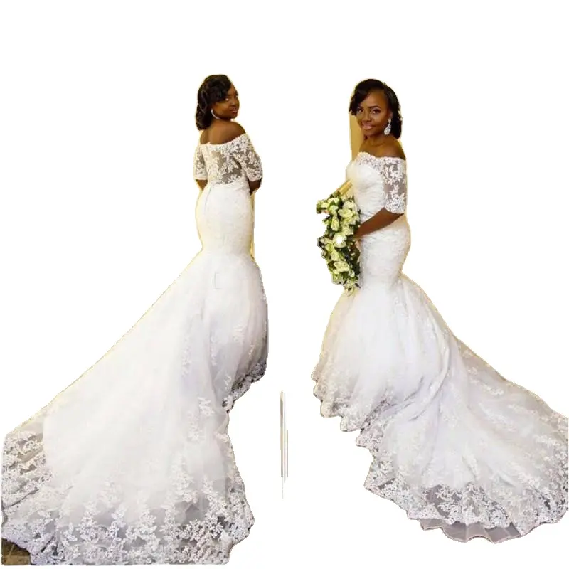 NE295วินเทจปิดไหล่นางเงือกชุดแต่งงานลูกไม้ Appliques ดูผ่านด้านหลังอาหรับแอฟริกันชุดเจ้าสาวแขนสั้น