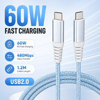 Kabel Pengisian Daya USB C ke USB C PD 60W 1.2m 3A USB 2.0 Kabel Data Tipe C Berbahan Nilon untuk Laptop Tablet Ponsel Pemasok OEM ODM