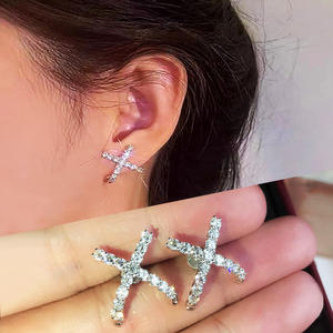 E2798 <b>White</b> <b>Gold</b> <b>Cross</b> Stud Earrings Diamond Round Brilliant Cut Prong Setting Unisex Religious Jewelry - Product Image 3