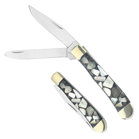 Couteau de poche pliant EDC à 2 lames pour l'extérieur, lames en acier 5Cr, couteau de survie pour le camping avec poignée en résine d'abalone et coupe-clous