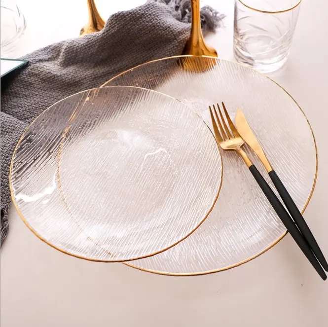 Cheap 13 inch clear glass plate, Gold and silver glass charger plate