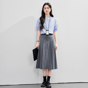 Women's Blue Stand Collar Shirt Short Sleeve Cotton Office Wear Professional Blouse Summer <b>Work</b> Top Solid Color Simple Design - Product Image 3