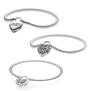 Pulsera de Hueso de Serpiente de 3MM, Plata Pura <span class=keywords><strong>S925</strong></span>, con Cierre de Llave, Amor y OVNI, Pulsera Básica DIY, Joyería de Plata para Mujer, Regalo - Product Image 3