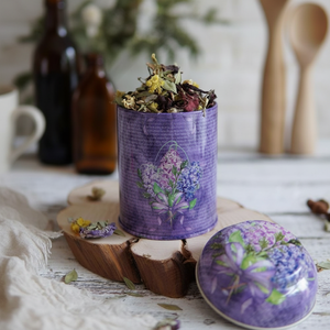 Boîte en métal ronde Kontensan EF08028 90x110mm - 0,6L avec couvercle en dôme - Fleur violette - Accessoires pour café et thé - Turquie - Product Image 3