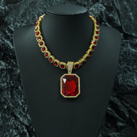 Grand pendentif en pierres précieuses colorées avec collier chaîne cubaine, ensemble de bijoux en alliage pour hommes, style hip-hop