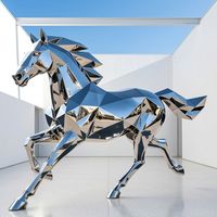 Sculpture de cheval géométrique moderne en acier inoxydable poli miroir, grande statue d'art métallique d'extérieur pour la décoration de jardin et de paysage