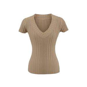 Camiseta de Punto de Manga Corta con Cuello en V para Mujer, Corte Ajustado, Estilo Sexy y Versátil - Product Image 4