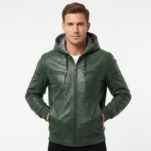 Blouson Homme en Cuir Véritable Vert avec Capuche, Rayures Noires Style Racing, en Cuir de Vachette, Bordure en Tricot Côtelé, Classique et Personnalisé, Chaud pour l'Hiver - Product Image 1