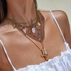 Chic Resort Style 18K Gold Stainless Steel Ceramic Pearl Cross <b>Angel</b> Pendant Necklace <b>Gift</b> Jewelry - Product Image 4