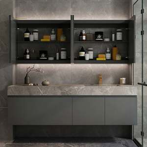 Meuble-lavabo de salle de bain simple moderne, finition laquée grise de haute qualité, avec miroir intelligent pour appartement et villa - Product Image 2