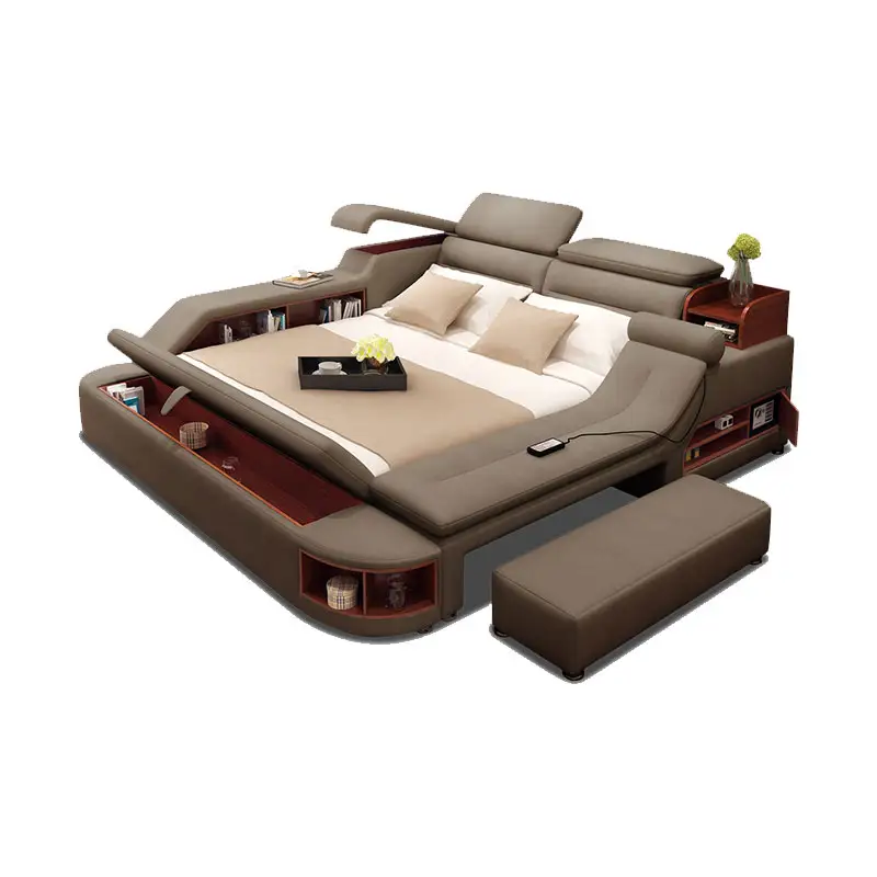 modern smart bed design genuine leather king size camas soft bed frame with extra storage