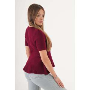 Pull en tricot bordeaux pour femme à manches courtes et ourlet à volants, motif décoratif décontracté pour l'hiver et l'été, vente en gros - Product Image 2