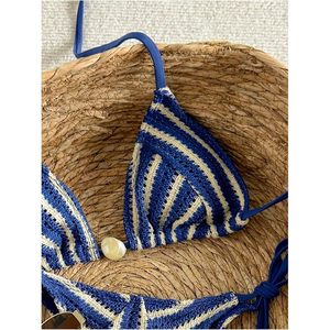FOXA Ensemble bikini rayé pour femme, maillot de bain 2 pièces en crochet, triangle, dos nu, à nouer sur les côtés, extensible, pour la plage - Product Image 4