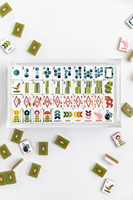 Jeu de Mahjong Américain Rétro Vert Olive à Motifs Géométriques Floraux, Tuiles en Acrylique à Motifs Artistiques Personnalisés, Pochette en Velours pour Divertissement Familial