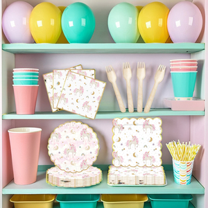 Vaisselle jetable pour fête d'anniversaire enfant DAMA, thème licorne rose, pour filles, baby shower, serviettes en papier, gobelets, assiettes - Product Image 3